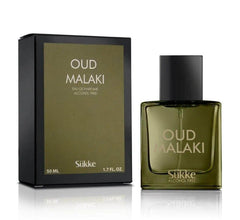 OUD MALAKI alcohol-free perfume 50 ml in elegant green bottle with dark packaging, featuring lemon, saffron, and amber notes.